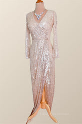 Party Dresses Australia, Long Sleeves Champagne Sequin Wrap Midi Dress